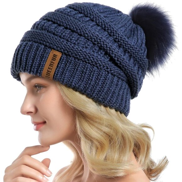 Women Denim Blue Soft Acrylic Thick Baggy Knit Winter Faux Fur Pompom Beanie - Picture 3 of 6